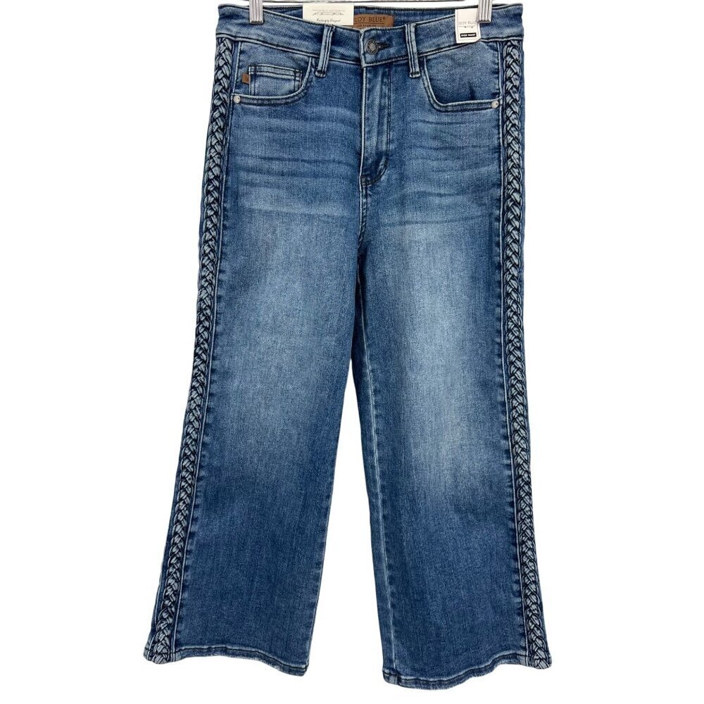 Judy Blue Crop Braided Jeans Wide Leg Denim Jean Size 7 28 Women Stretch New